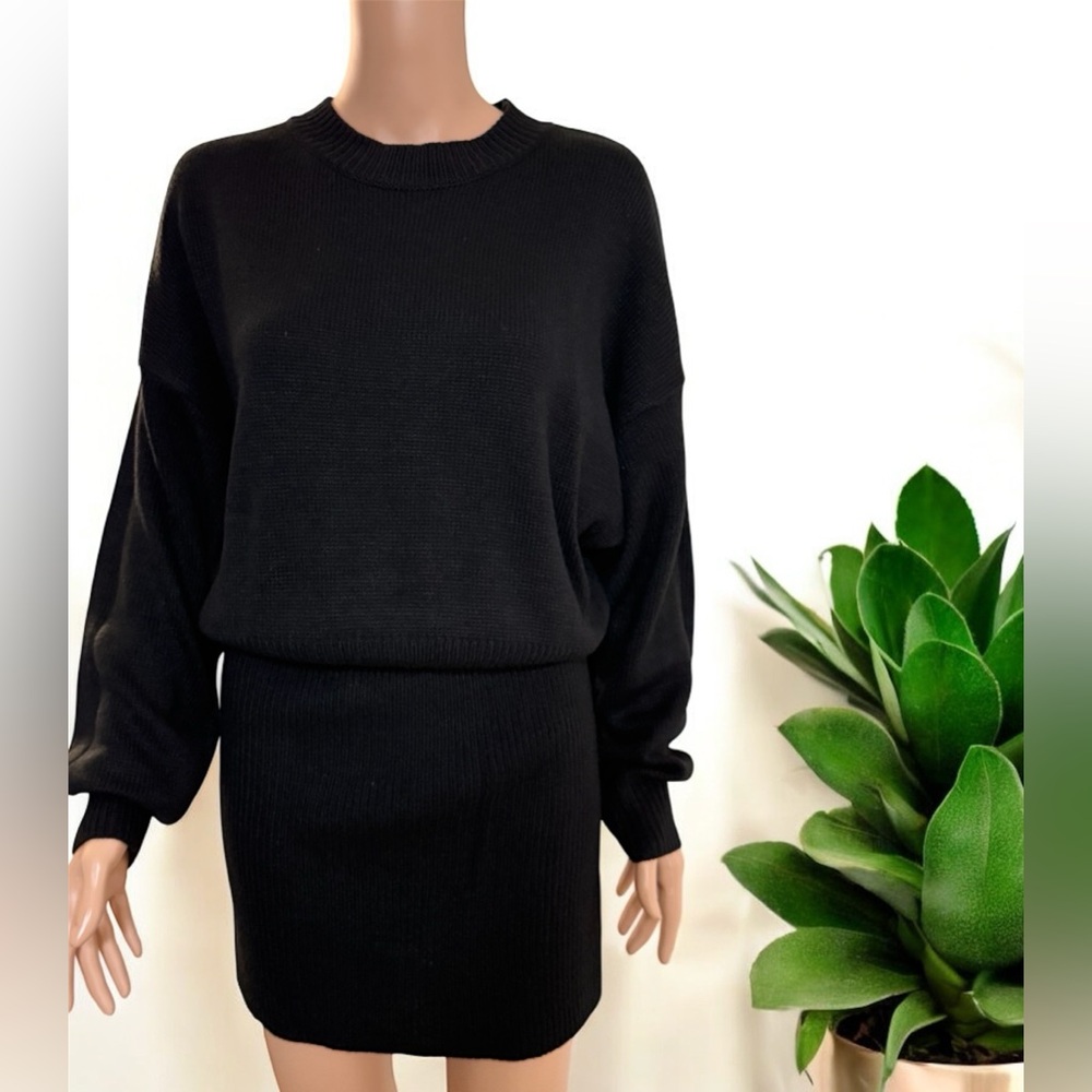 Black Dolman Sleeve Crew Neck Sweater Dress